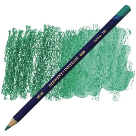 A single Teal Green Derwent Inktense Colour Pencil is shown diagonally across the center of the frame. The pencil is pointing with it's lead facing towards the bottom left hand corner. The barrel of the pencil is blue and the end of the pencil is colour dipped to match the colour of the lead for easy identification. There is text down the barrel of the pencil with the colour name and brand name. There is a colour swatch of the pencil in the background, that runs horizontally across the center of the frame. The image is center of the frame and on a white background.