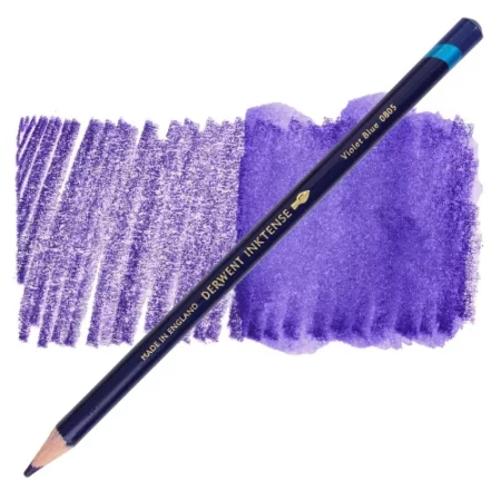 A single Violet Blue Derwent Inktense Colour Pencil is shown diagonally across the center of the frame. The pencil is pointing with it's lead facing towards the bottom left hand corner. The barrel of the pencil is blue and the end of the pencil is colour dipped to match the colour of the lead for easy identification. There is text down the barrel of the pencil with the colour name and brand name. There is a colour swatch of the pencil in the background, that runs horizontally across the center of the frame. The image is center of the frame and on a white background