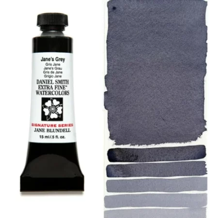 A tube of Janes Grey S2 Daniel Smith Watercolour Paint is shown in the frame, to the left hand side of the frame vertically. The tube has a black plastic cap and a black base. The center of the tube is white and there is a colour band at the top of the tube, below the cap, that indicates the colour of the paint. There is black text on the front of the tube with the brand name and logo. To the right of the tube is a colour swatch which was made using the paint. In the colour swatch, you can see the paint undiluted and in a diluted form. The image is on a white background and is center of the frame.