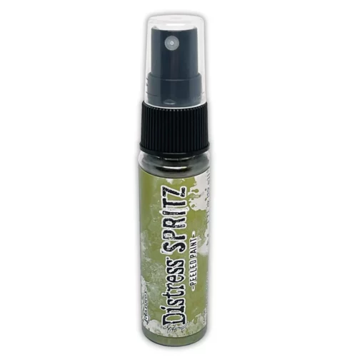 A single bottle of Peeled Paint Tim Holtz Distress Spritz is shown standing vertically in the center of the frame. The bottle is a clear plastic with a black plastic spray top and a clear plastic lid. There is a coloured label around the body of the bottle that indicates the colour of the ink. The Distress Logo and product details are printed on the label. The image is center of the frame and on a white background.