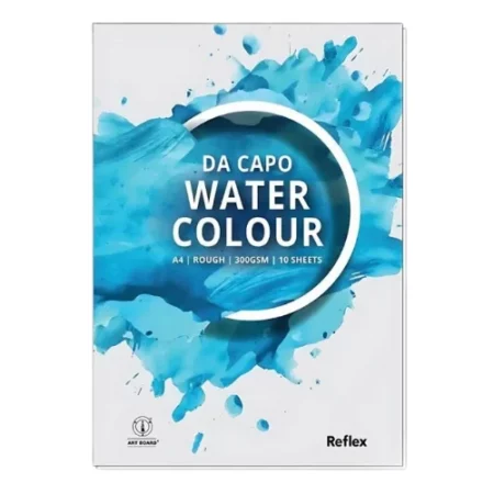 There is a single Reflex Da Capo Watercolour Pad vertically in the center of the frame. The pad is white and has bright blue splashes of colour on the cover. There is a half white circle outline in the top center of the pad, with the words 'Da Capo Water colour' inside the circle. The image is center of the frame and on a white background.