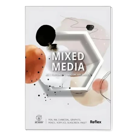 A single Reflex Mixed Media Pad is shown vertically in the center of the frame. The pad is portrait. The pad is white with some black and orange round shapes with a hexagon in the center of the frame around the words 'Mixed Media' It is an abstract cover. The pad is center of the frame and on a white background.