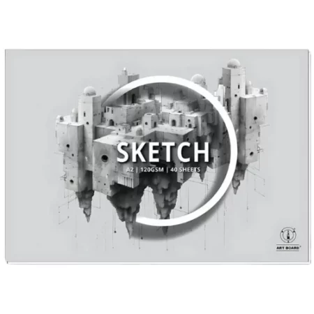 There is a single A2 Artboard Sketch Pad shown horizontally across the center of the frame. The pad is a light grey colour and has a picture of a building in the center of the pad. The word 'sketch' is printed at the center of the pad with the Artboard logo in the bottom left hand corner of the pad. The drawing is black and white pencil. The image is center of the frame and on a white background.