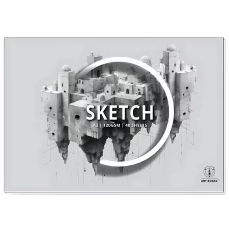 There is a single A3 Artboard Sketch Pad shown horizontally across the center of the frame. The pad is a light grey colour and has a picture of a building in the center of the pad. The word 'sketch' is printed at the center of the pad with the Artboard logo in the bottom left hand corner of the pad. The drawing is black and white pencil. The image is center of the frame and on a white background.