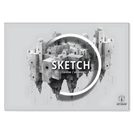 There is a single A4 Artboard Sketch Pad shown horizontally across the center of the frame. The pad is a light grey colour and has a picture of a building in the center of the pad. The word 'sketch' is printed at the center of the pad with the Artboard logo in the bottom left hand corner of the pad. The drawing is black and white pencil. The image is center of the frame and on a white background.