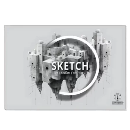 There is a single A5 Artboard Sketch Pad shown horizontally across the center of the frame. The pad is a light grey colour and has a picture of a building in the center of the pad. The word 'sketch' is printed at the center of the pad with the Artboard logo in the bottom left hand corner of the pad. The drawing is black and white pencil. The image is center of the frame and on a white background.