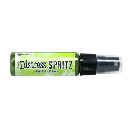 A single bottle of Twisted Citron Tim Holtz Distress Spritz is shown laying horizontally in the center of the frame. The bottle is a clear plastic with a black plastic spray top and a clear plastic lid. There is a coloured label around the body of the bottle that indicates the colour of the ink. The Distress Logo and product details are printed on the label. The image is center of the frame and on a white background.