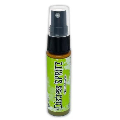 A single bottle of Twisted Citron Tim Holtz Distress Spritz is shown standing vertically in the center of the frame. The bottle is a clear plastic with a black plastic spray top and a clear plastic lid. There is a coloured label around the body of the bottle that indicates the colour of the ink. The Distress Logo and product details are printed on the label. The image is center of the frame and on a white background.