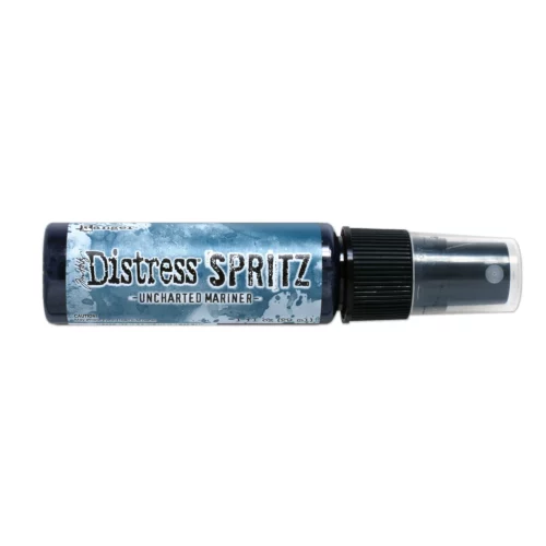 A single bottle of Uncharted Mariner Tim Holtz Distress Spritz is shown laying horizontally in the center of the frame. The bottle is a clear plastic with a black plastic spray top and a clear plastic lid. There is a coloured label around the body of the bottle that indicates the colour of the ink. The Distress Logo and product details are printed on the label. The image is center of the frame and on a white background.