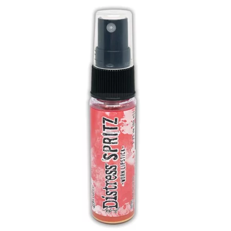 A single bottle of Worn Lipstick Tim Holtz Distress Spritz is shown standing vertically in the center of the frame. The bottle is a clear plastic with a black plastic spray top and a clear plastic lid. There is a coloured label around the body of the bottle that indicates the colour of the ink. The Distress Logo and product details are printed on the label. The image is center of the frame and on a white background.