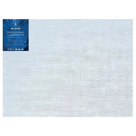 30" x 40" Artboard Professional Box Canvas 380gsm is shown in the center of the frame. The canvas is medium grained, white, triple primes canvas and has a blue, branded label in the top left hand corner of the canvas. The label has the Artboard logo and product details printed on it in white. It is suitable for Oils and Acrylics and has the highest standard pine frame, offering excellent rigidity and support. On a white background.