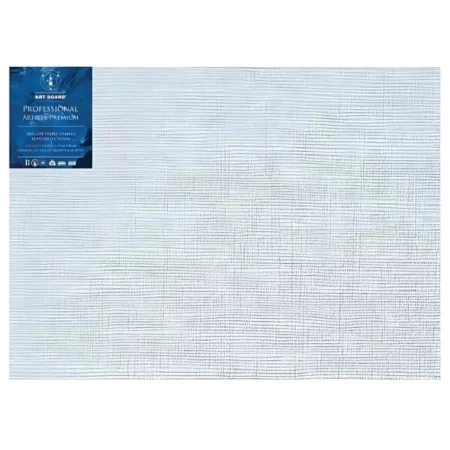 35" x 48" Artboard Professional Box Canvas 380gsm is shown in the center of the frame. The canvas is medium grained, white, triple primes canvas and has a blue, branded label in the top left hand corner of the canvas. The label has the Artboard logo and product details printed on it in white. It is suitable for Oils and Acrylics and has the highest standard pine frame, offering excellent rigidity and support. On a white background.