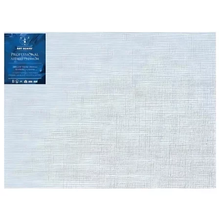 48" x 60" Artboard Professional Box Canvas 380gsm is shown in the center of the frame. The canvas is medium grained, white, triple primes canvas and has a blue, branded label in the top left hand corner of the canvas. The label has the Artboard logo and product details printed on it in white. It is suitable for Oils and Acrylics and has the highest standard pine frame, offering excellent rigidity and support. On a white background.