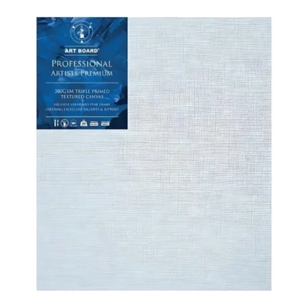 5" x 7" Artboard Professional Box Canvas 380gsm is shown in the center of the frame. The canvas is medium grained, white, triple primes canvas and has a blue, branded label in the top left hand corner of the canvas. The label has the Artboard logo and product details printed on it in white. It is suitable for Oils and Acrylics and has the highest standard pine frame, offering excellent rigidity and support. On a white background.