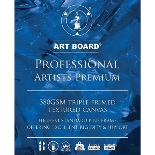 The image is of the label that appears on the Stretched Canvas Artboard Professional. The label is blue and has white text. The Artboard logo is printed at the top of the label and below it is the type of canvas - Professional Artists Premium and the canvas details are at the bottom of the label. They indicate that the canvas is 380gsm, triple primed and suitable for Oils and Acrylics and has the highest standard pine frame, offering excellent rigidity and support. The label is rectangular vertically in the center of the frame and on a white background.