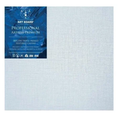 10" x 10" Artboard Professional Stretched Canvas 380gsm is shown in the center of the frame. The canvas is medium grained, white, triple primes canvas and has a blue, branded label in the top left hand corner of the canvas. The label has the Artboard logo and product details printed on it in white. It is suitable for Oils and Acrylics and has the highest standard pine frame, offering excellent rigidity and support. On a white background.