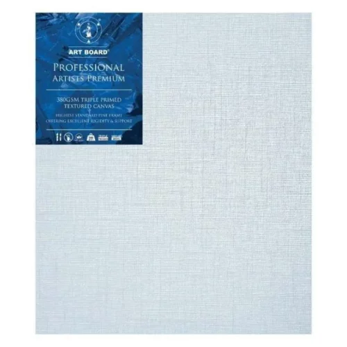 10" x 12" Artboard Professional Stretched Canvas 380gsm is shown in the center of the frame. The canvas is medium grained, white, triple primes canvas and has a blue, branded label in the top left hand corner of the canvas. The label has the Artboard logo and product details printed on it in white. It is suitable for Oils and Acrylics and has the highest standard pine frame, offering excellent rigidity and support. On a white background.