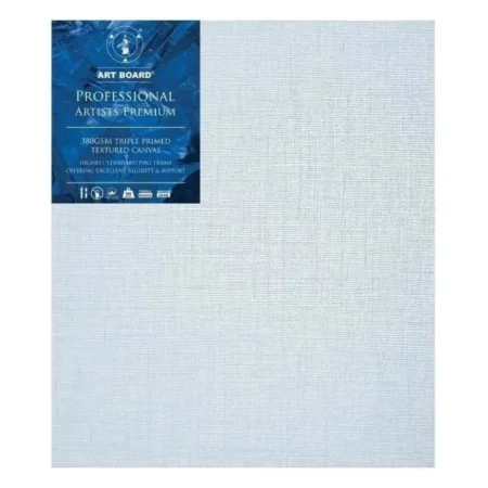 10" x 14" Artboard Professional Stretched Canvas 380gsm is shown in the center of the frame. The canvas is medium grained, white, triple primes canvas and has a blue, branded label in the top left hand corner of the canvas. The label has the Artboard logo and product details printed on it in white. It is suitable for Oils and Acrylics and has the highest standard pine frame, offering excellent rigidity and support. On a white background.