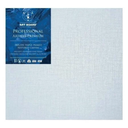 10" x 20" Artboard Professional Stretched Canvas 380gsm is shown in the center of the frame. The canvas is medium grained, white, triple primes canvas and has a blue, branded label in the top left hand corner of the canvas. The label has the Artboard logo and product details printed on it in white. It is suitable for Oils and Acrylics and has the highest standard pine frame, offering excellent rigidity and support. On a white background.