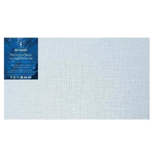 15" x 30" Artboard Professional Stretched Canvas 380gsm is shown in the center of the frame. The canvas is medium grained, white, triple primes canvas and has a blue, branded label in the top left hand corner of the canvas. The label has the Artboard logo and product details printed on it in white. It is suitable for Oils and Acrylics and has the highest standard pine frame, offering excellent rigidity and support. On a white background.