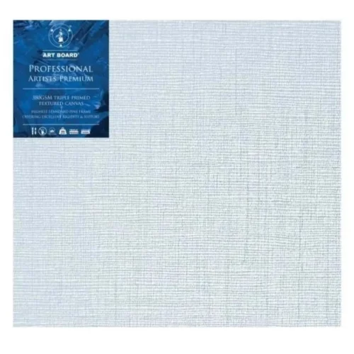 30" x 36" Artboard Professional Stretched Canvas 380gsm is shown in the center of the frame. The canvas is medium grained, white, triple primes canvas and has a blue, branded label in the top left hand corner of the canvas. The label has the Artboard logo and product details printed on it in white. It is suitable for Oils and Acrylics and has the highest standard pine frame, offering excellent rigidity and support. On a white background.