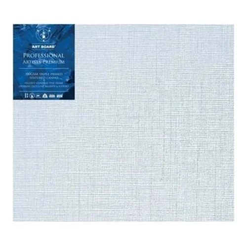 4" x 4" Artboard Professional Stretched Canvas 380gsm is shown in the center of the frame. The canvas is medium grained, white, triple primes canvas and has a blue, branded label in the top left hand corner of the canvas. The label has the Artboard logo and product details printed on it in white. It is suitable for Oils and Acrylics and has the highest standard pine frame, offering excellent rigidity and support. On a white background.