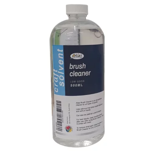 Atlas Brush Cleaner is in the center of the image. it is in a clear bottle with a white lid. the label is shown on the front with the brand name and product description on it. the label top part is a dark grey blue colour and the bottom is white. it is in the center of the image on a white background