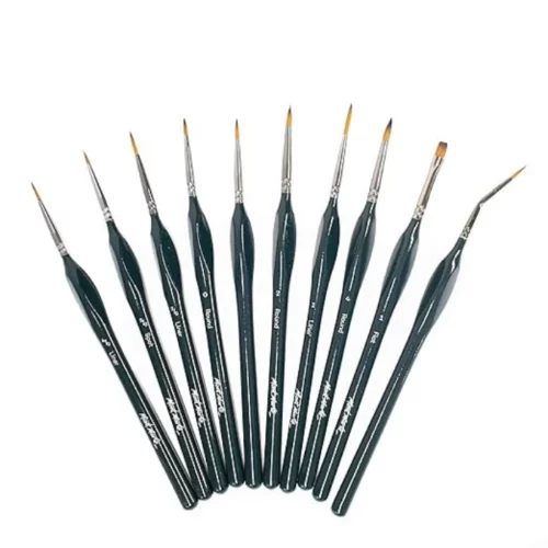 The images shows the loose brushes from the Mont Marte Fine Detail Brush Set 10 piece. The brushes have a triangular grip, black handles and golden taklon bristles. Each brush is a different shape and size. On a white background. They are fanned out in the center of the frame and are on a white background.