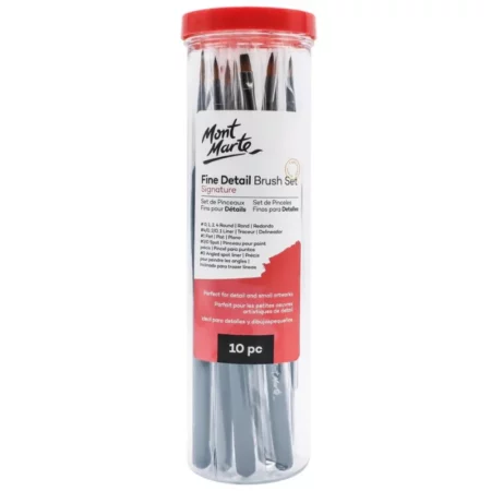 A Mont Marte Fine Detail Brush Set 10 piece is shown in the center of the frame. The brushes are encased in a clear round plastic tube with a red plastic lid. There is a label around the body of the tube that is printed with the Mont Marte logo and product details. The tube stands vertically in the center of the frame on a white background.