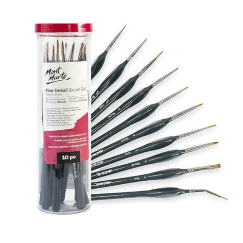 A Mont Marte Fine Detail Brush Set 10 piece is shown in the frame. The brushes are encased in a clear round plastic tube with a red plastic lid. There is a label around the body of the tube that is printed with the Mont Marte logo and product details. The tube stands vertically along the left hand side of the frame and you can see the loose brushes coming out in a fan shape from behind the tube. The brushes have a triangular grip, black handles and golden taklon bristles. Each brush is a different shape and size. On a white background.