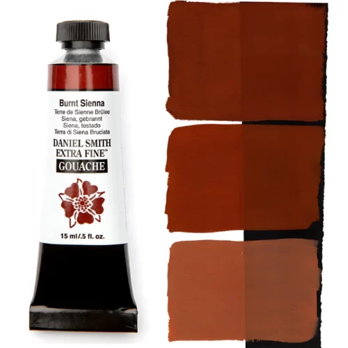 Burnt Sienna Daniel Smith Gouache 15ml S1 is sitting to the left of the image. the tube is black with a white label with the logo and the name and colour details of the product written on it. the lid is black. on the right hand side of it is a black stripe and there are three wipes of paint horizontally on it showing how the paint looks on a white and a black background. the background is white.