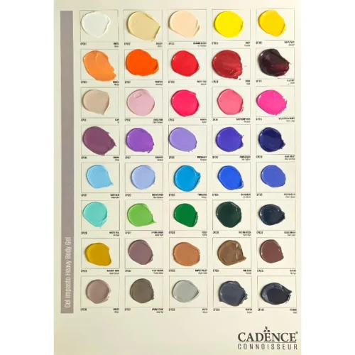 Cadence Connoissuer Heavy Body Gel Acrylic is shown on a colour swatch of all the colours. in rainbow order. they are thick and showing the texture of the gel acrylic. the card is in the center of the image on a white background.