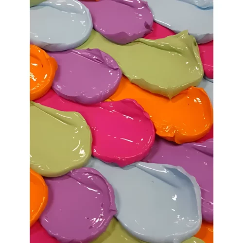 Cadence Connoissuer Heavy Body Gel Acrylic have been used with a palette knife to make textured petal shapes on a canvas. in various shades of green, pink and orange and blue. in the center of the image on a white background