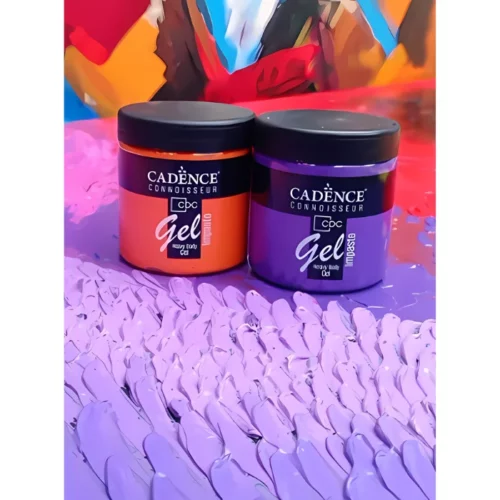 Cadence Connoissuer Heavy Body Gel Acrylic has two pots, one orange on the left and a purple one on the right. they are closed and have black labels and black lids. they are sitting infront of a brightly painted canvas on top of a textured are piece below them in the purple shade. in the centre of the image on a white background