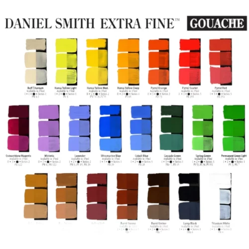 daniel smith gouache colour swatch is in the centre of the image, it is showing all the colours and how they would look on both black and white backgrounds. the colours are laid out in a rainbow order and are in the center of the image