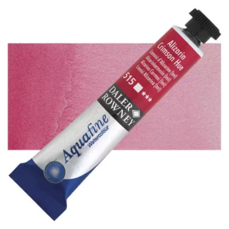 Alizarin Crimson Daler Rowney Aquafine Watercolour is sitting horizontally across the image with the lid facing the top right corner. it has a black lid and a blue bottom end. the name of the product is on the top middle of the tube, it is lying across a horizontal strip of the same colour that is in the center of the image. On a white background.