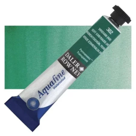 Viridian Daler Rowney Aquafine Watercolour is sitting horizontally across the image with the lid facing the top right corner. it has a black lid and a blue bottom end. the name of the product is on the top middle of the tube, it is lying across a horizontal strip of the same colour that is in the center of the image. On a white background.