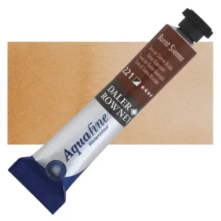 Burnt Sienna Daler Rowney Aquafine Watercolour is sitting horizontally across the image with the lid facing the top right corner. it has a black lid and a blue bottom end. the name of the product is on the top middle of the tube, it is lying across a horizontal strip of the same colour that is in the center of the image. On a white background.