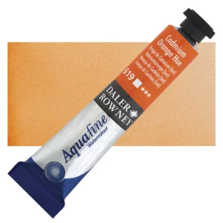 cadmium-orange-hue-daler-rowney-aquafine-watercolour is sitting horizontally across the image with the lid facing the top right corner. it has a black lid and a blue bottom end. the name of the product is on the top middle of the tube, it is lying across a horizontal strip of the same colour that is in the center of the image. On a white background.