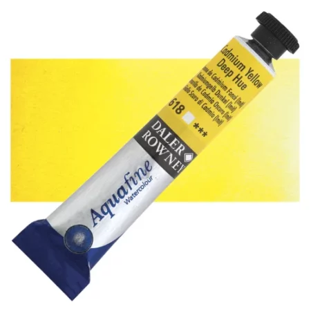 Cadmium Yellow Deep Daler Rowney Aquafine Watercolour is sitting horizontally across the image with the lid facing the top right corner. it has a black lid and a blue bottom end. the name of the product is on the top middle of the tube, it is lying across a horizontal strip of the same colour that is in the center of the image. On a white background.