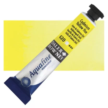 Cadmium Yellow Hue Daler Rowney Aquafine Watercolour is sitting horizontally across the image with the lid facing the top right corner. it has a black lid and a blue bottom end. the name of the product is on the top middle of the tube, it is lying across a horizontal strip of the same colour that is in the center of the image. On a white background.