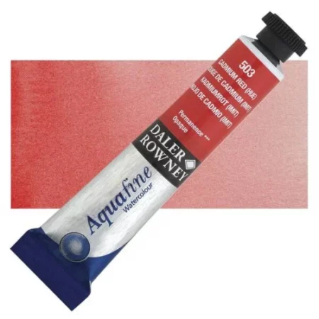 Cadmium Red Hue Daler Rowney Aquafine Watercolour is sitting horizontally across the image with the lid facing the top right corner. it has a black lid and a blue bottom end. the name of the product is on the top middle of the tube, it is lying across a horizontal strip of the same colour that is in the center of the image. On a white background.