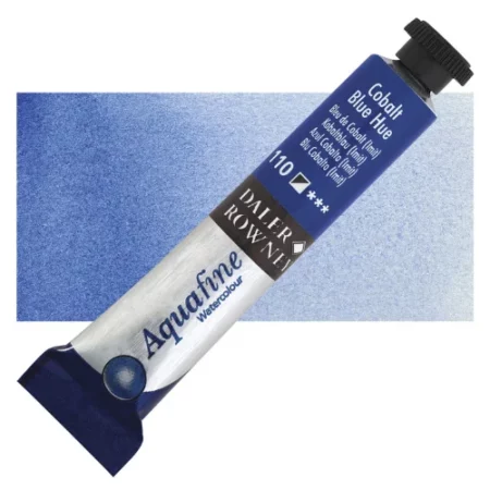 Cobalt Blue Hue Daler Rowney Aquafine Watercolour is sitting horizontally across the image with the lid facing the top right corner. it has a black lid and a blue bottom end. the name of the product is on the top middle of the tube, it is lying across a horizontal strip of the same colour that is in the center of the image. On a white background.