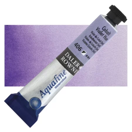 Cobalt Violet Hue Daler Rowney Aquafine Watercolour is sitting horizontally across the image with the lid facing the top right corner. it has a black lid and a blue bottom end. the name of the product is on the top middle of the tube, it is lying across a horizontal strip of the same colour that is in the center of the image. On a white background.