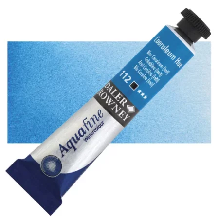 Coeruleum Daler Rowney Aquafine Watercolour is sitting horizontally across the image with the lid facing the top right corner. it has a black lid and a blue bottom end. the name of the product is on the top middle of the tube, it is lying across a horizontal strip of the same colour that is in the center of the image. On a white background.