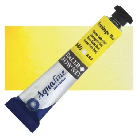 Gamboge Hue Daler Rowney Aquafine Watercolour is sitting horizontally across the image with the lid facing the top right corner. it has a black lid and a blue bottom end. the name of the product is on the top middle of the tube, it is lying across a horizontal strip of the same colour that is in the center of the image. On a white background.