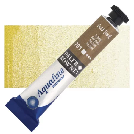 Gold Imitation Daler Rowney Aquafine Watercolour is sitting horizontally across the image with the lid facing the top right corner. it has a black lid and a blue bottom end. the name of the product is on the top middle of the tube, it is lying across a horizontal strip of the same colour that is in the center of the image. On a white background.