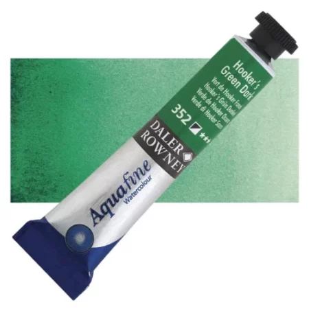 Hookers Green Daler Rowney Aquafine Watercolour is sitting horizontally across the image with the lid facing the top right corner. it has a black lid and a blue bottom end. the name of the product is on the top middle of the tube, it is lying across a horizontal strip of the same colour that is in the center of the image. On a white background.