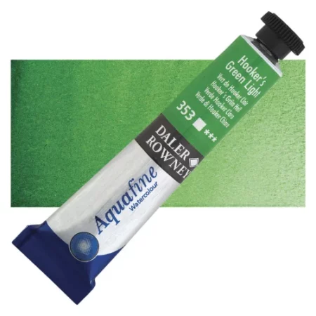 Hookers Green Light Daler Rowney Aquafine Watercolour is sitting horizontally across the image with the lid facing the top right corner. it has a black lid and a blue bottom end. the name of the product is on the top middle of the tube, it is lying across a horizontal strip of the same colour that is in the center of the image. On a white background.