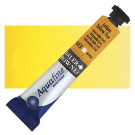 Indian Yellow Daler Rowney Aquafine Watercolour is sitting horizontally across the image with the lid facing the top right corner. it has a black lid and a blue bottom end. the name of the product is on the top middle of the tube, it is lying across a horizontal strip of the same colour that is in the center of the image. On a white background.